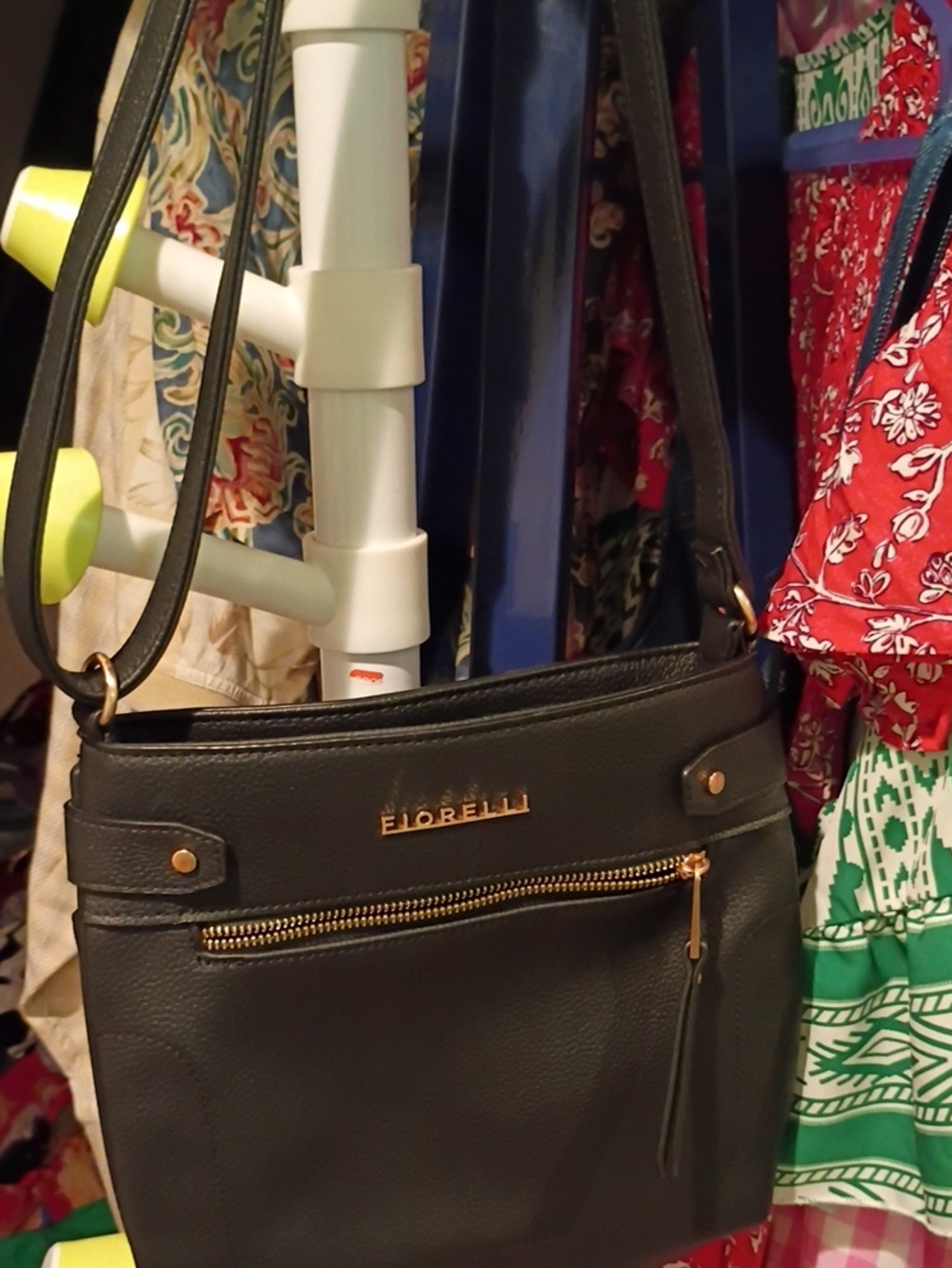 Black Pebbled Leather Crossbody with Gold Accents